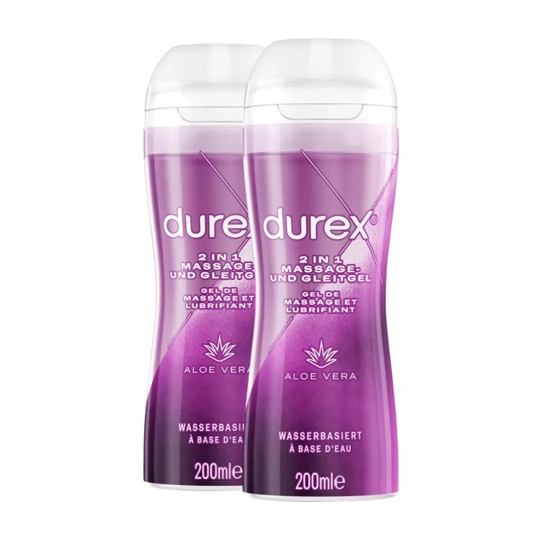 Zwei Flaschen Durex 2in1 Massage- und Gleitgel Aloe Vera, 200 ml, wasserbasiert.