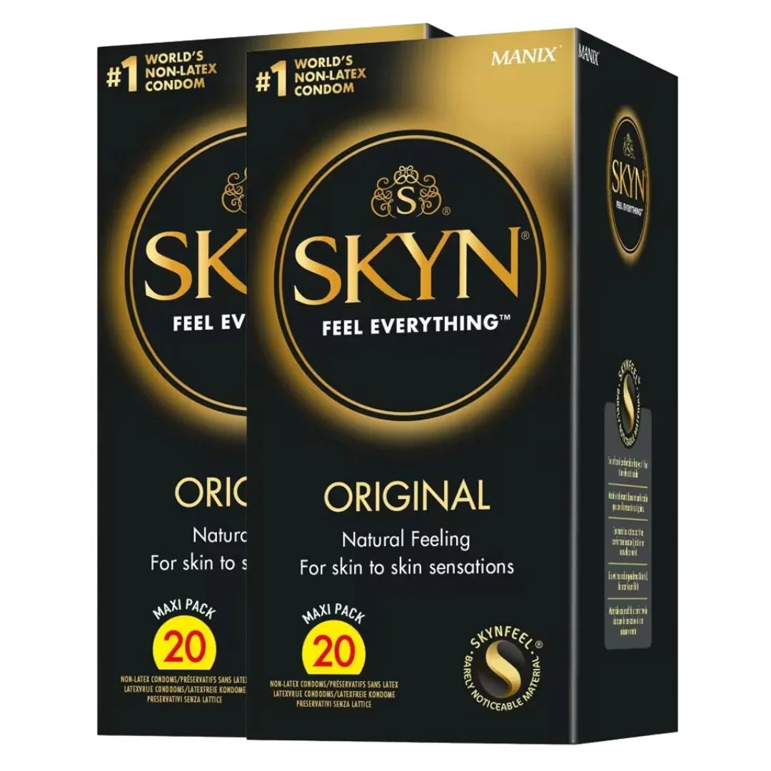 Zwei Packungen SKYN Original Kondome, latexfrei, 20 Stück, für sicheren und natürlichen Schutz.