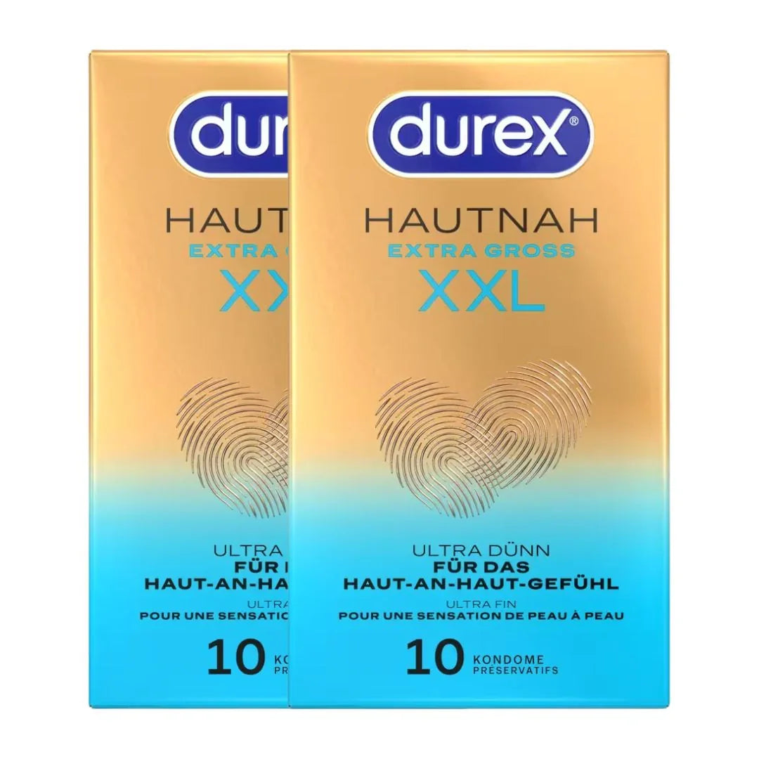 Zwei Durex XXL Kondompackungen, extra groß, ultra dünn, je 10 Stück, gold-blaue Verpackung.