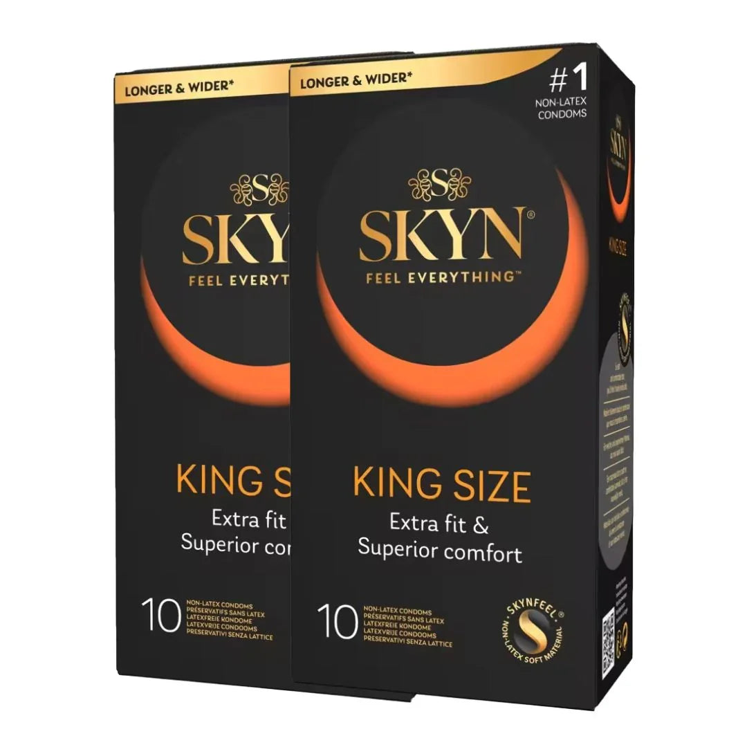 Zwei Packungen SKYN King Size Kondome, extra groß, latexfrei, schwarz-orange Design, 10 Stück