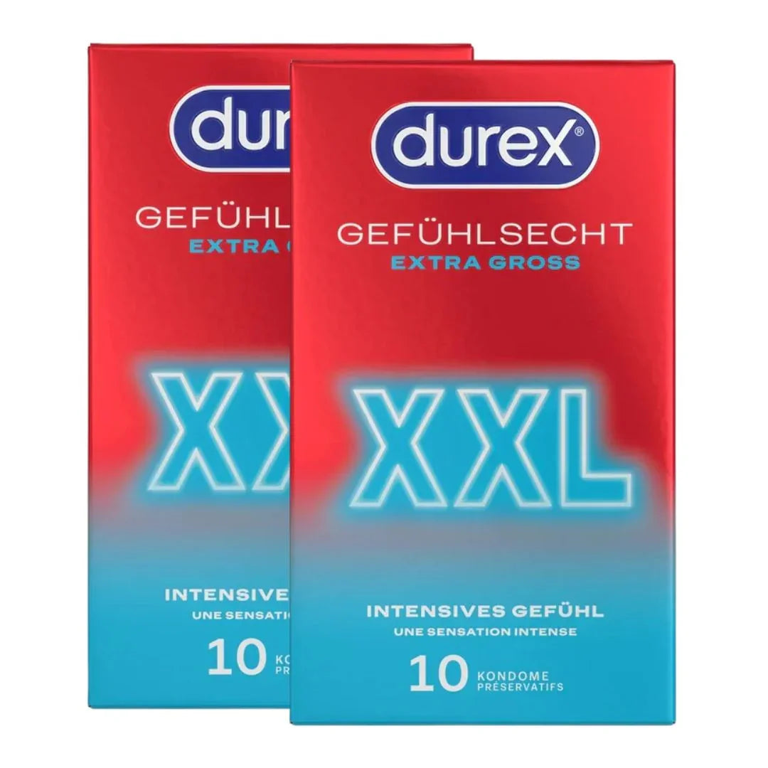 Zwei Durex XXL Kondom-Packungen, extra groß, 10 Stück, rote und blaue Verpackung.