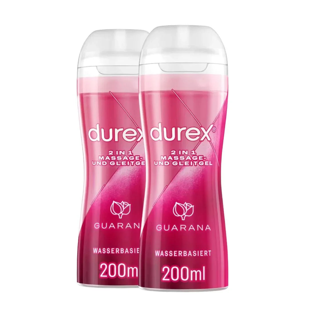 Zwei Flaschen Durex 2-in-1 Massage- und Gleitgel, wasserbasiert, 200ml, für Intimmassage
