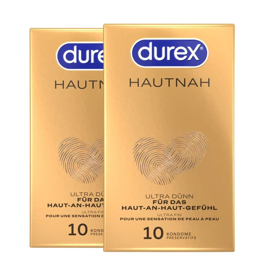 Zwei goldene Durex Hautnah Kondompackungen, ultra dünn, 10 Stück, mit Fingerabdrücken-Herz.
