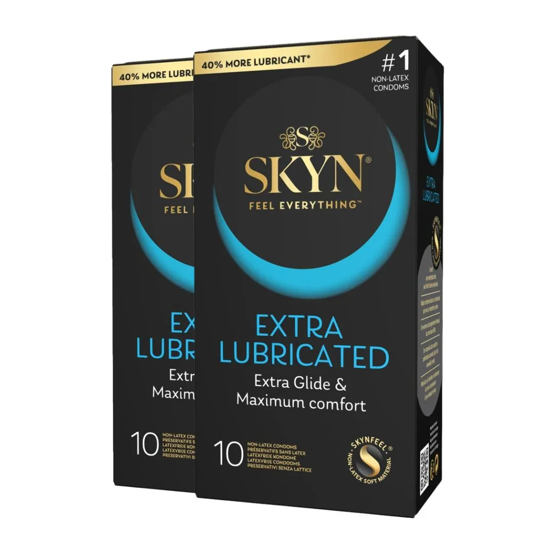 Zwei Packungen Skyn extra gleitfähige Kondome, schwarz-blaues Design, 10 Stück, latexfrei