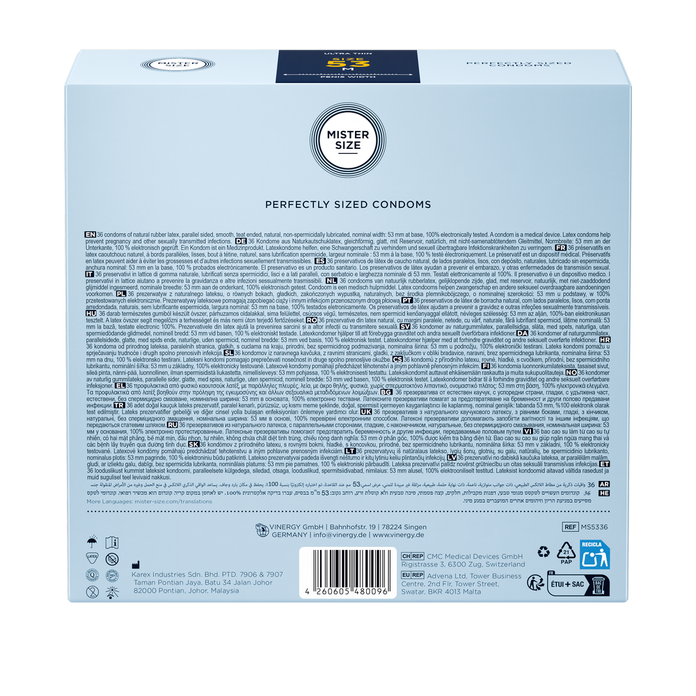 Préservatifs en latex de caoutchouc naturel - extra fin et tactile (Ø 53mm/36pcs.) de Mister Size