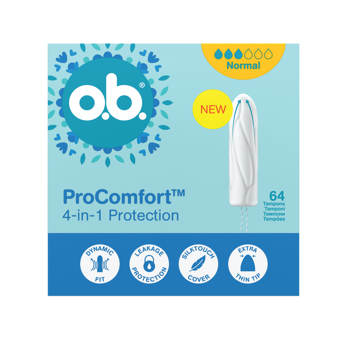 Tampons « ProComfort® Normal 64 pièces » – Protection 4-en-1 d'o.b.®